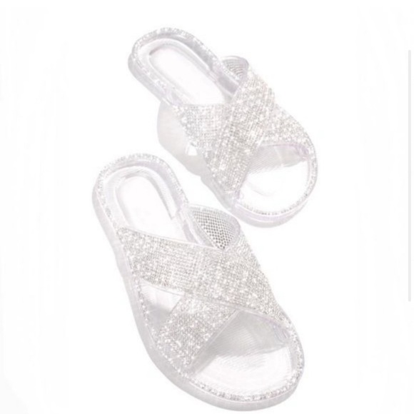NIB Embellished Criss Cross Jelly Slides in Clear 9 - Picture 7 of 9